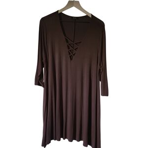 Avenue Womens Tunic Brown Criss-Cross Lattice V-Neck 3/4 Sleeve Plus Size 3X